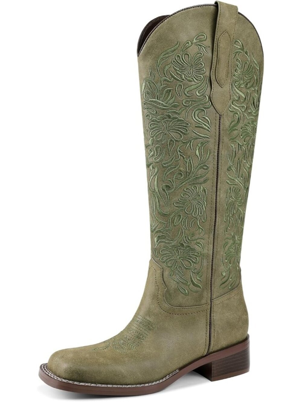 ⚡Women's Green Embroidered Cowgirl Boots Knee High Riding Boots Low Heel